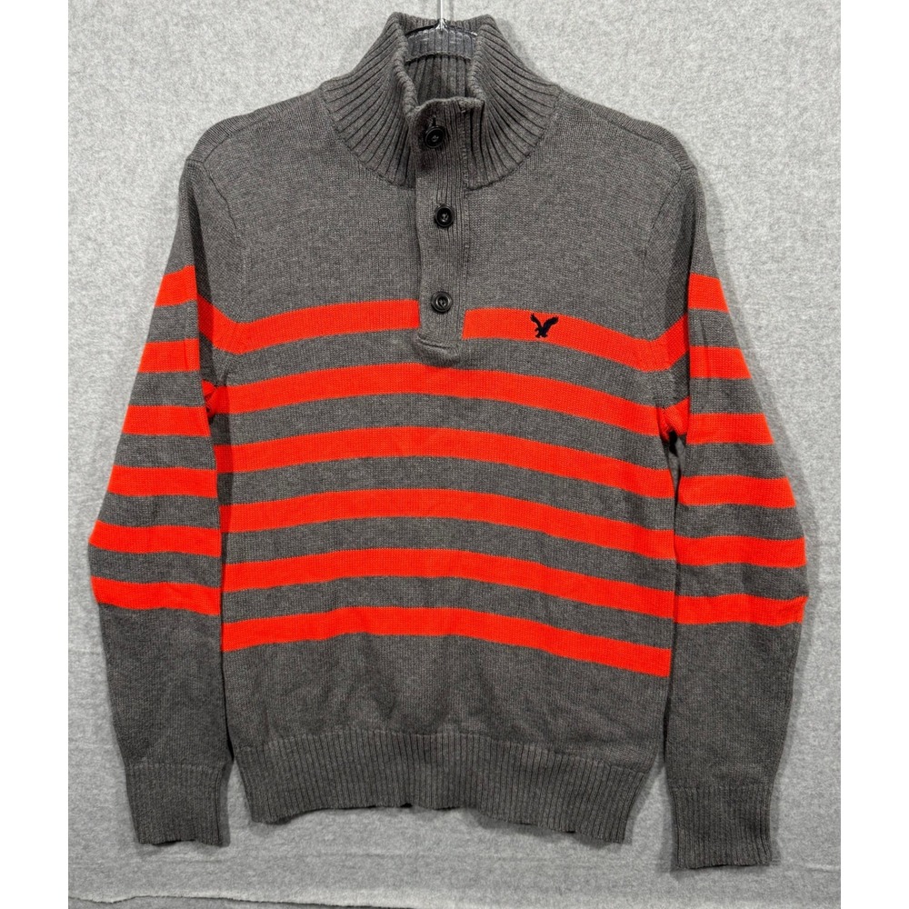 American Eagle Outfitters Striped Mock Neck Pullover Sweater Gray Orange Men's M